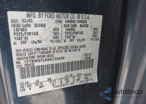 2002 Ford F-150 Lariat/Xlt из США, поврежденный, VIN 1FTRW07L02KC55650